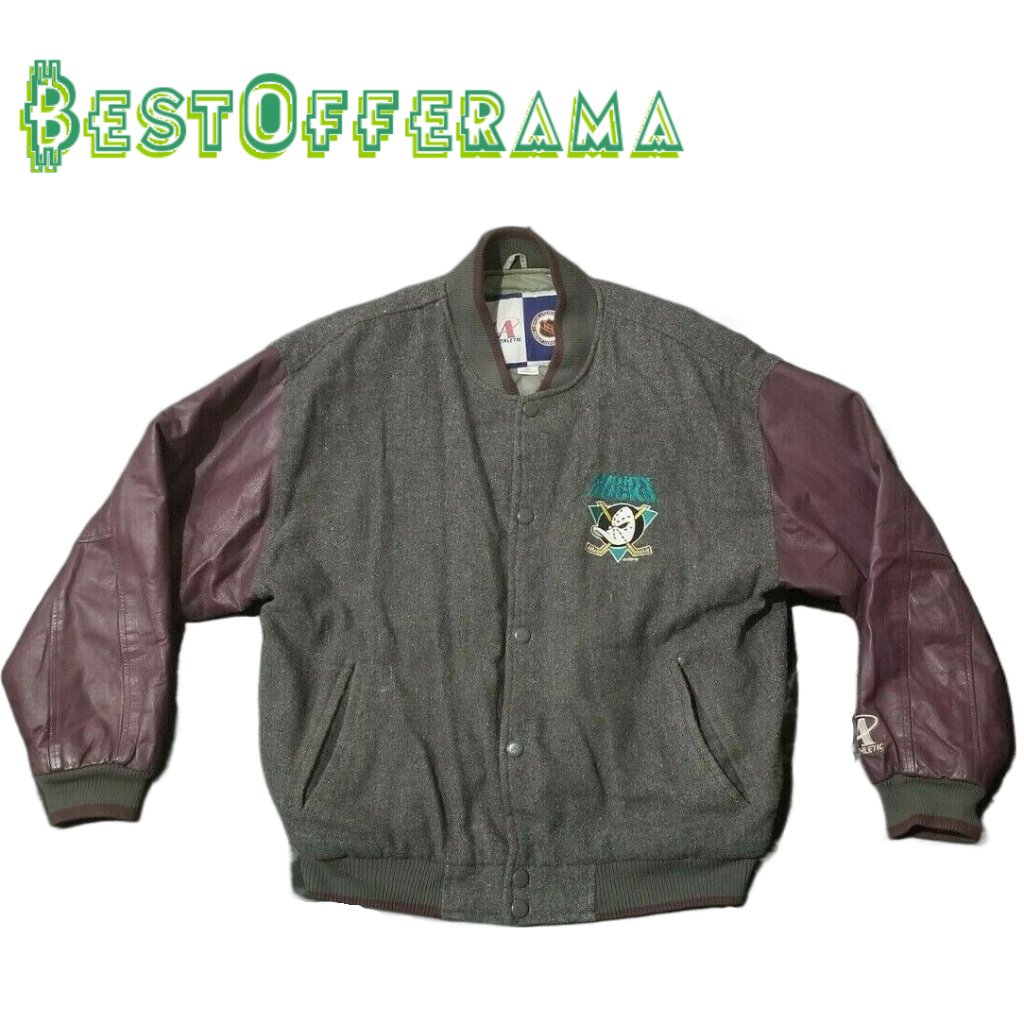 90s Vintage Logo Athletic Mighty Ducks Wool Leather Varsity Bomber Jacket Hockey